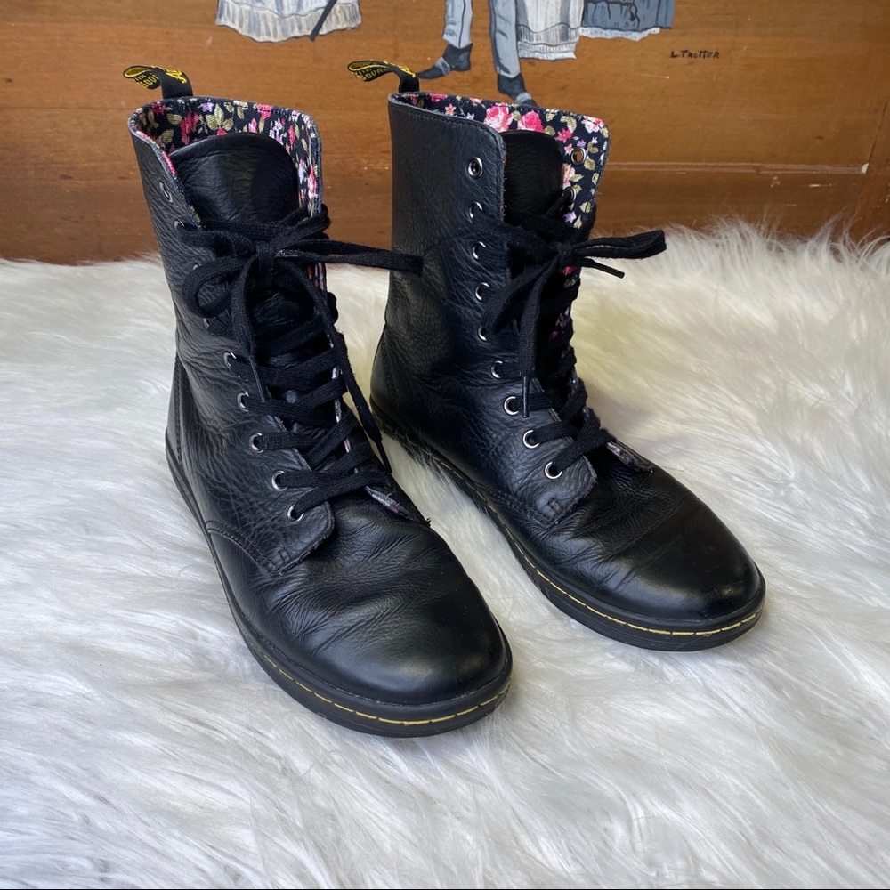 Doc Martens Black Leather Stratford Boots Size 9 Lace Up Floral Fabric Lining